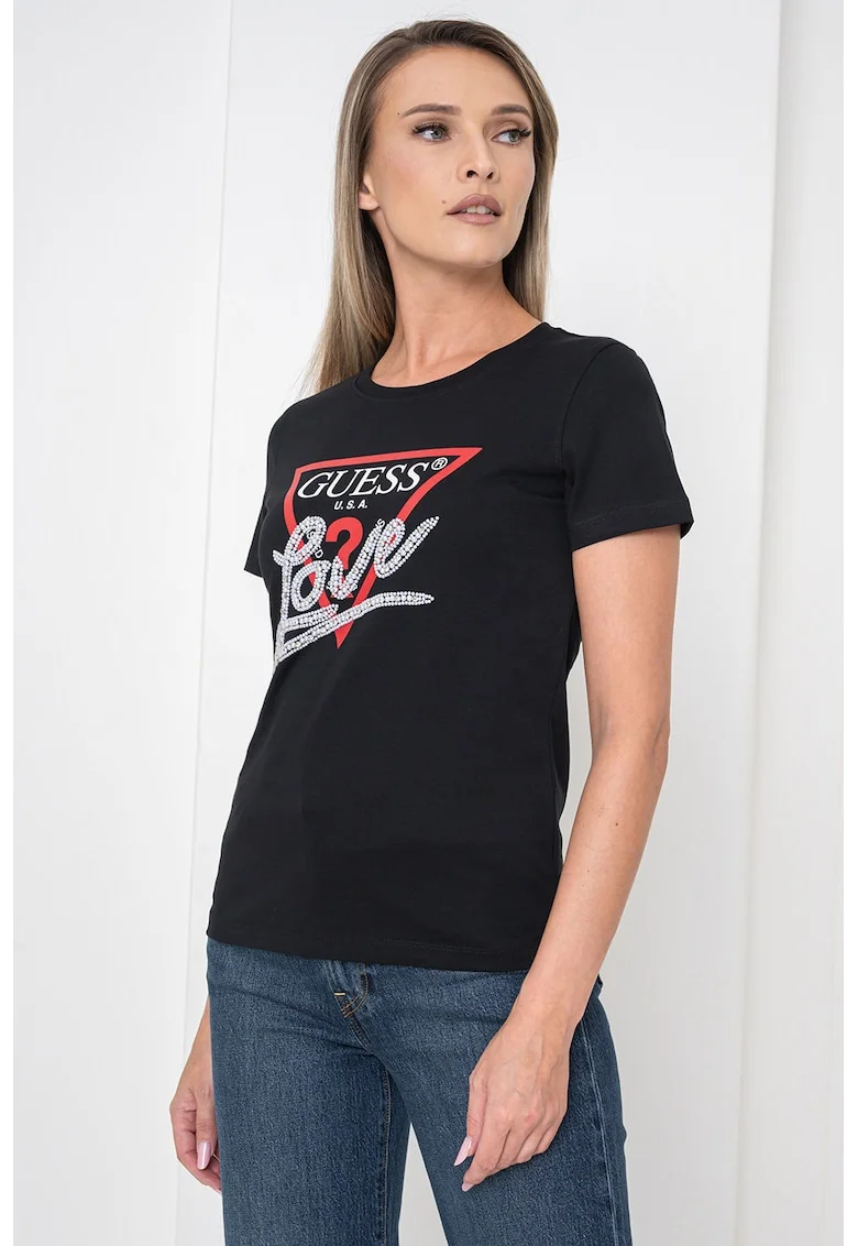 Tricou din bumbac cu imprimeu logo si aplicatie cu margele, Alb/Negru