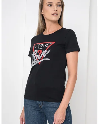 Tricou din bumbac cu imprimeu logo si aplicatie cu margele, Alb/Negru