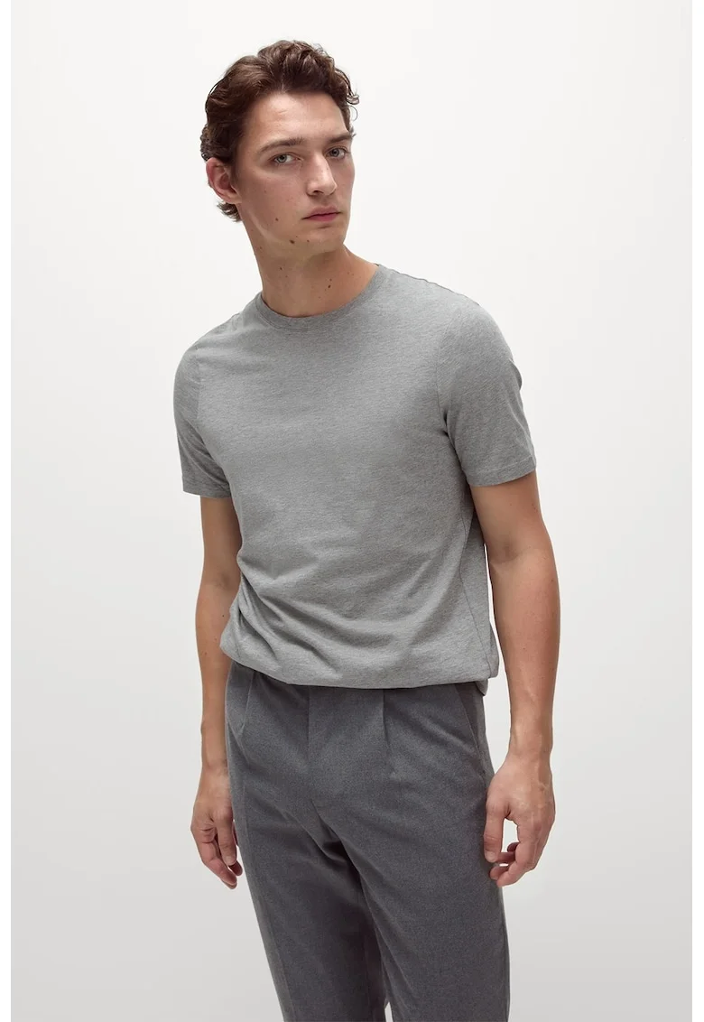Tricou uni cu decolteu la baza gatului, Gri melange
