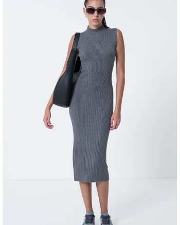 Rochie cambrata din amestec de casmir si matase cu guler inalt, Gri