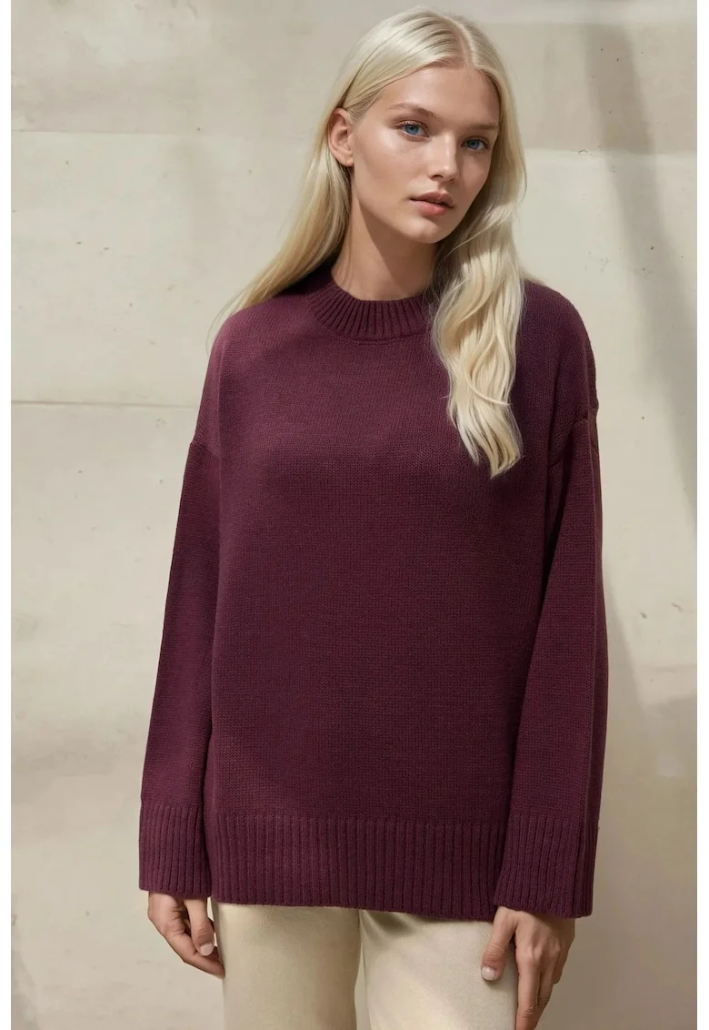 Pulover dama,  guler rotund, confortabil, mov inchis, tricot