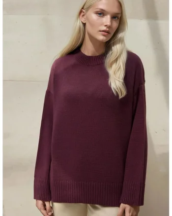 Pulover dama,  guler rotund, confortabil, mov inchis, tricot