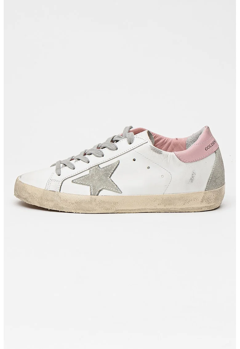 Pantofi sport de piele si piele intoarsa cu aspect uzat Super-Star, Alb murdar/Roz