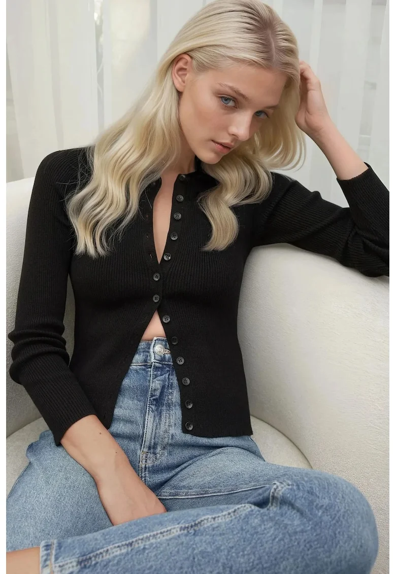 Cardigan dama,  mulat, maneca lunga, negru, tricot