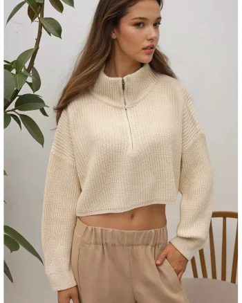 Pulover dama  gros tricotat cu guler cu fermoar, scurt, tricot, Fildes Natural,