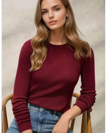 Pulover dama  guler rotund, mulat, visiniu, tricot
