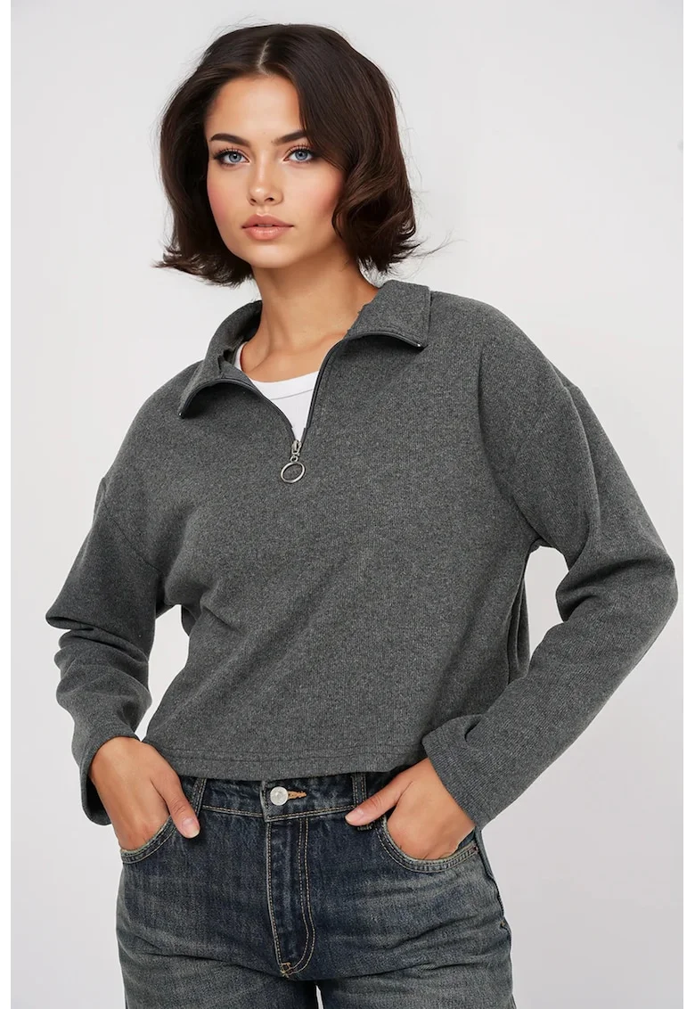 Pulover dama HiCCUP Relaxed Fit Crop, Gri carbune