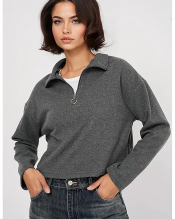 Pulover dama HiCCUP Relaxed Fit Crop, Gri carbune