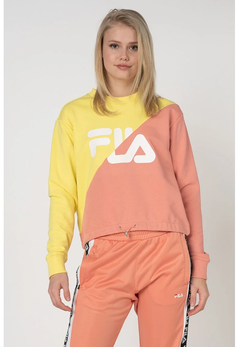 Bluza sport crop cu imprimeu logo Banji, Galben/Roz pastel