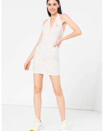 Rochie cu imprimeu si decolteu halter Classics, Verde neon/Lila/Albastru deschis