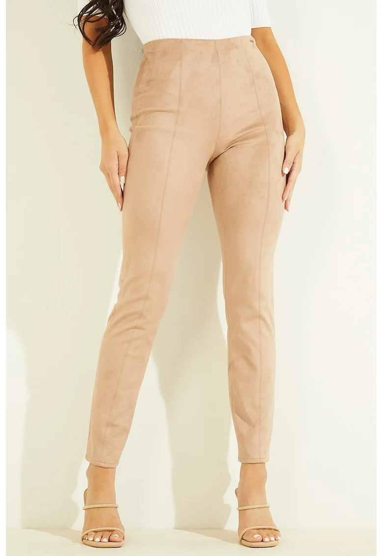 Colanti slim fit de piele intoarsa ecologica Maya, Maro camel