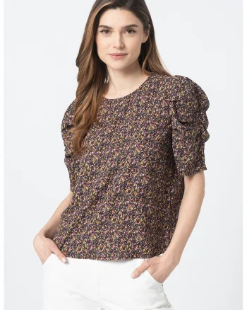 Bluza cu imprimeu floral si maneci bufante Mia, Verde/Maro inchis/Galben