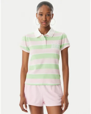 Tricou polo dama,  roz-verde, bumbac, maneca scurta, dungi subtile