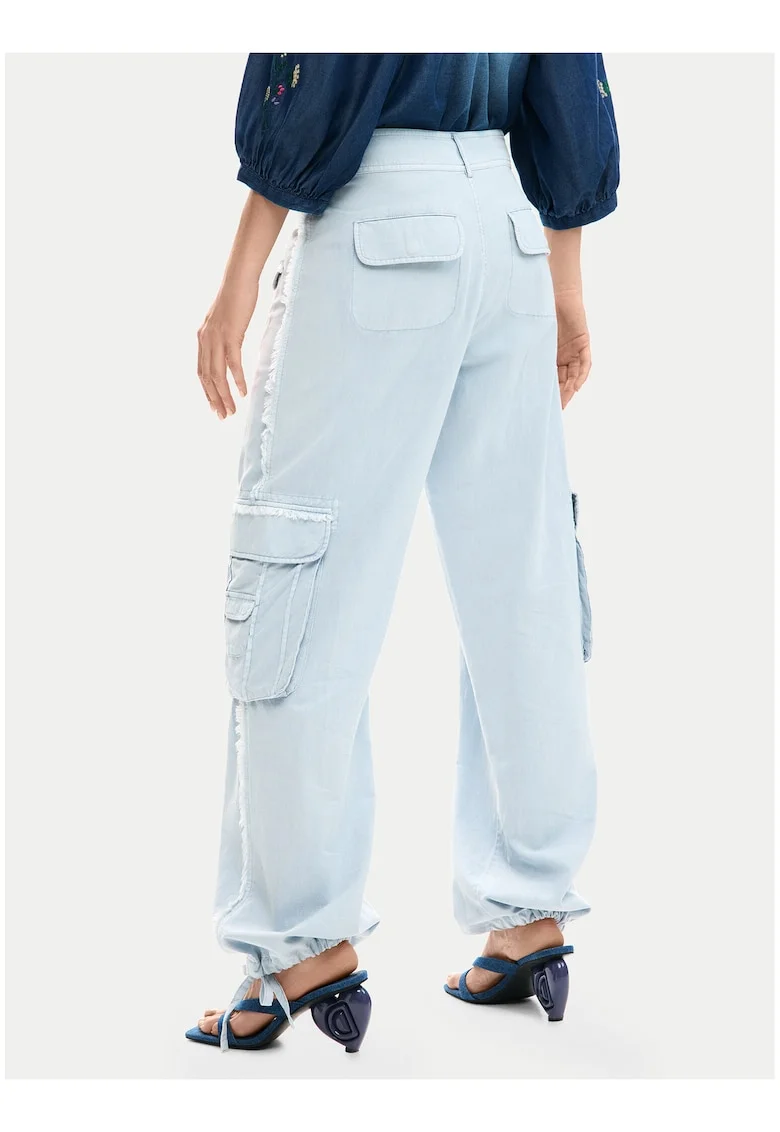 Pantaloni dama,  talie inalta, craci drepti, albastru, bumbac/viscoza