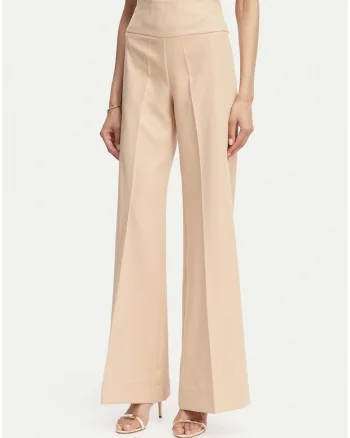 Pantaloni dama,  bej, material sintetic reciclat, croiala evazata, talie inalta