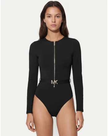 Costum de baie dama,  negru, maneci lungi, curea inclusa, material sintetic