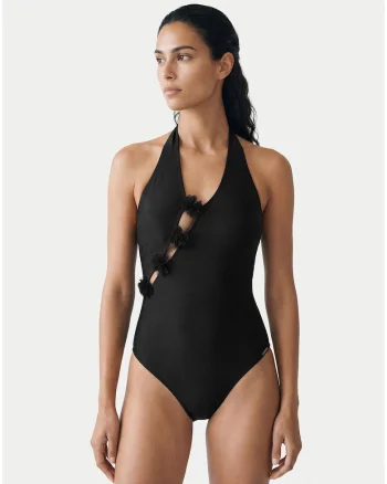 Costum de baie dama,  negru, material sintetic, imprimeu uni