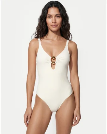 Costum de baie dama,  bej, material sintetic, croiala clasica