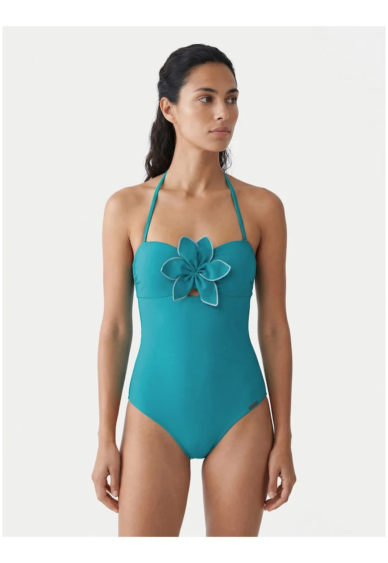 Costum de baie dama,  albastru, material sintetic, imprimeu uni