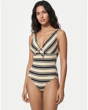 Costum de baie dama,  dungi, bej, material sintetic