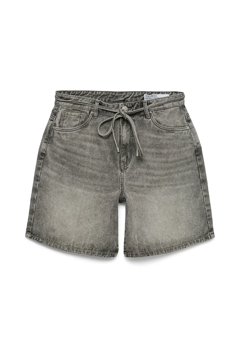 Pantaloni scurti din denim,  gri, croiala lejera, set cu curea