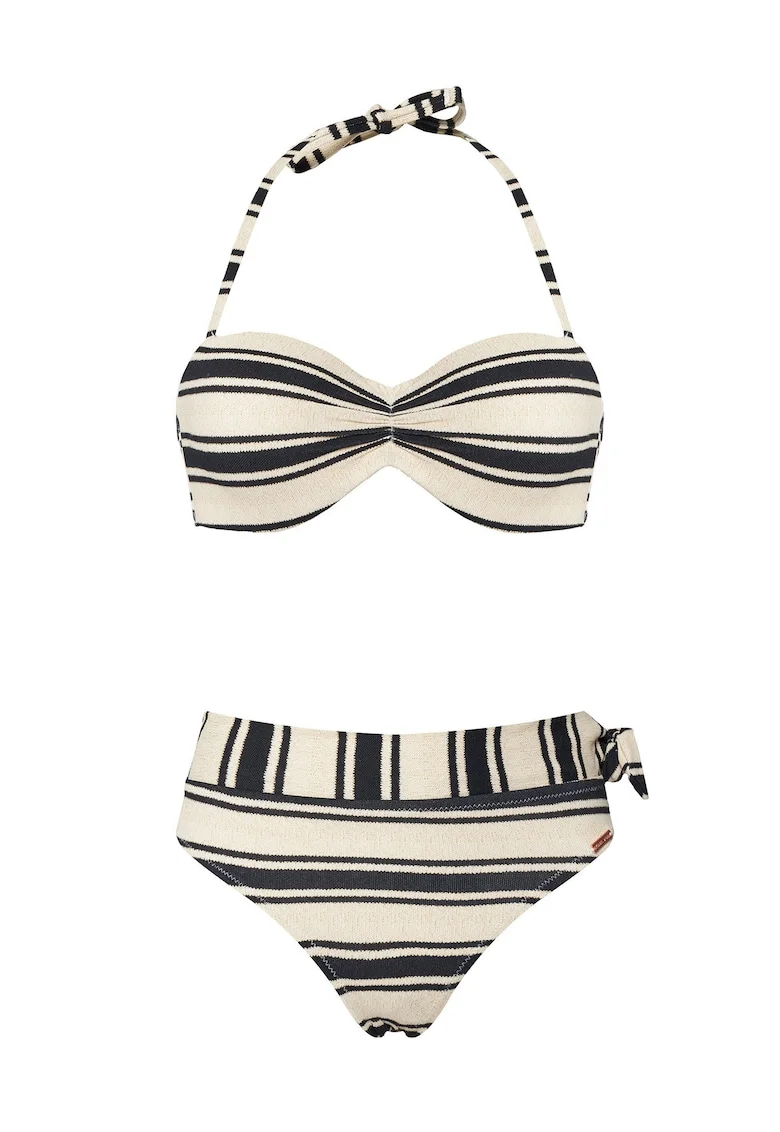 Costum de baie bikini dama,  dungi elegante, bej/negru, material sintetic
