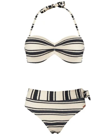 Costum de baie bikini dama,  dungi elegante, bej/negru, material sintetic