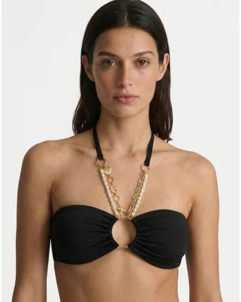 Top de bikini dama,  negru, cu cupe detasabile, margele delicate, material elastic