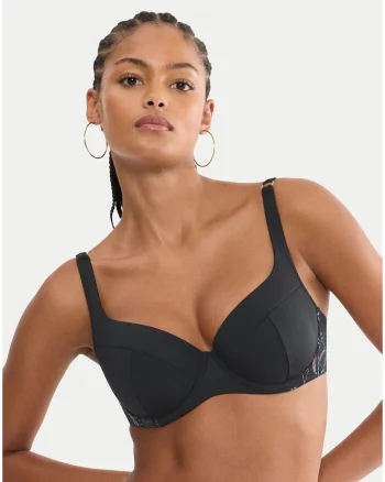 Top bikini de dama,  floral, negru, material sintetic