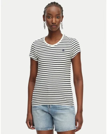 Tricou dama,  alb si bleumarin, bumbac organic, imprimeu dungi