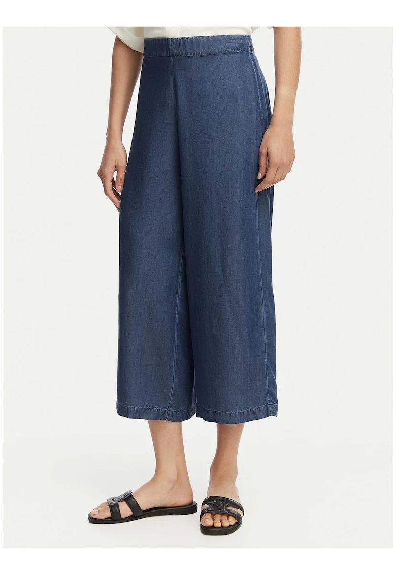 Pantaloni culotte dama  alb-albastru, lyocell, croiala ampla, stil casual
