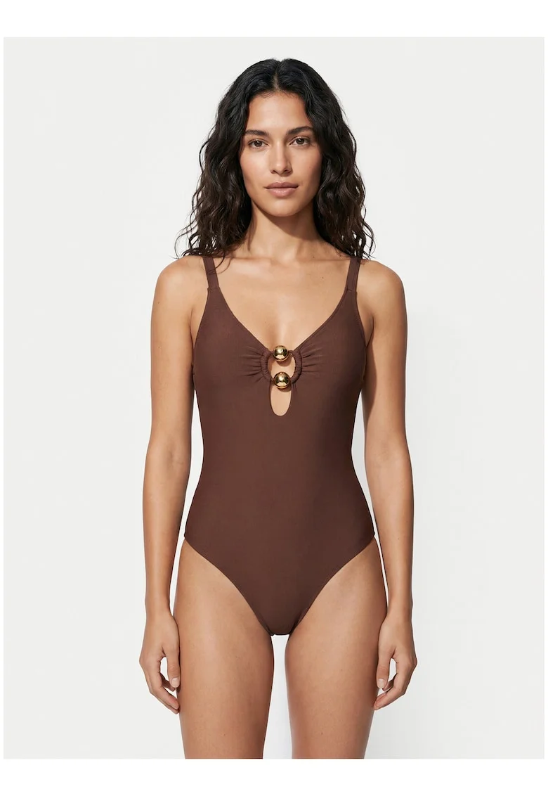 Costum de baie dama,  maro, material sintetic, croiala clasica