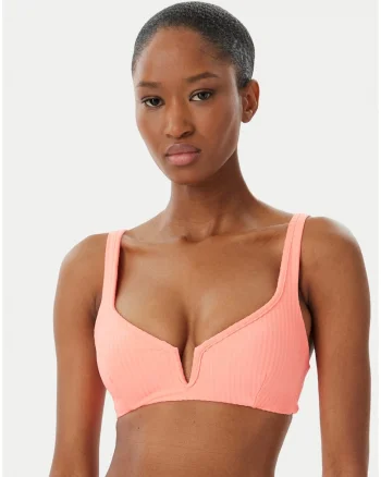 Costum de baie dama,  top bikini, portocaliu-roz, poliester-elastan