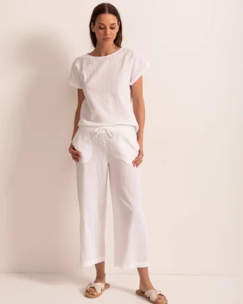 Pantaloni Dama Capri Panza Topita Bumbac, Alb
