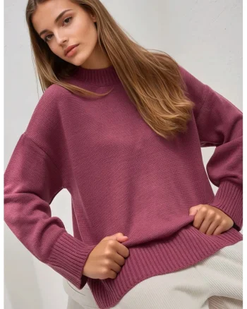 Pulover dama  guler rotund, confortabil, roz prafuit, tricot