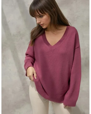 Pulover dama,  tricotat gros, decolteu in V, mov, tricot