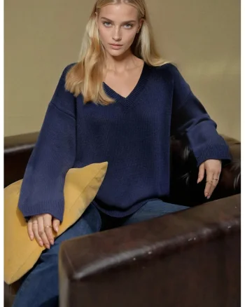 Pulover dama,  gros, decolteu in V, albastru, tricot