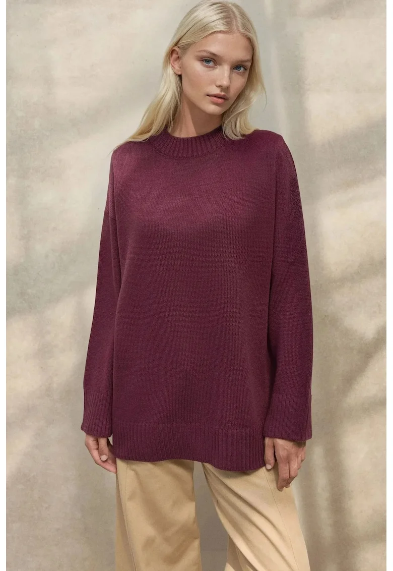 Pulover dama,  lung tricotat gros, guler rotund, mov, tricot