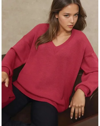 Pulover dama,  tricotat gros, decolteu in V, rosu, tricot
