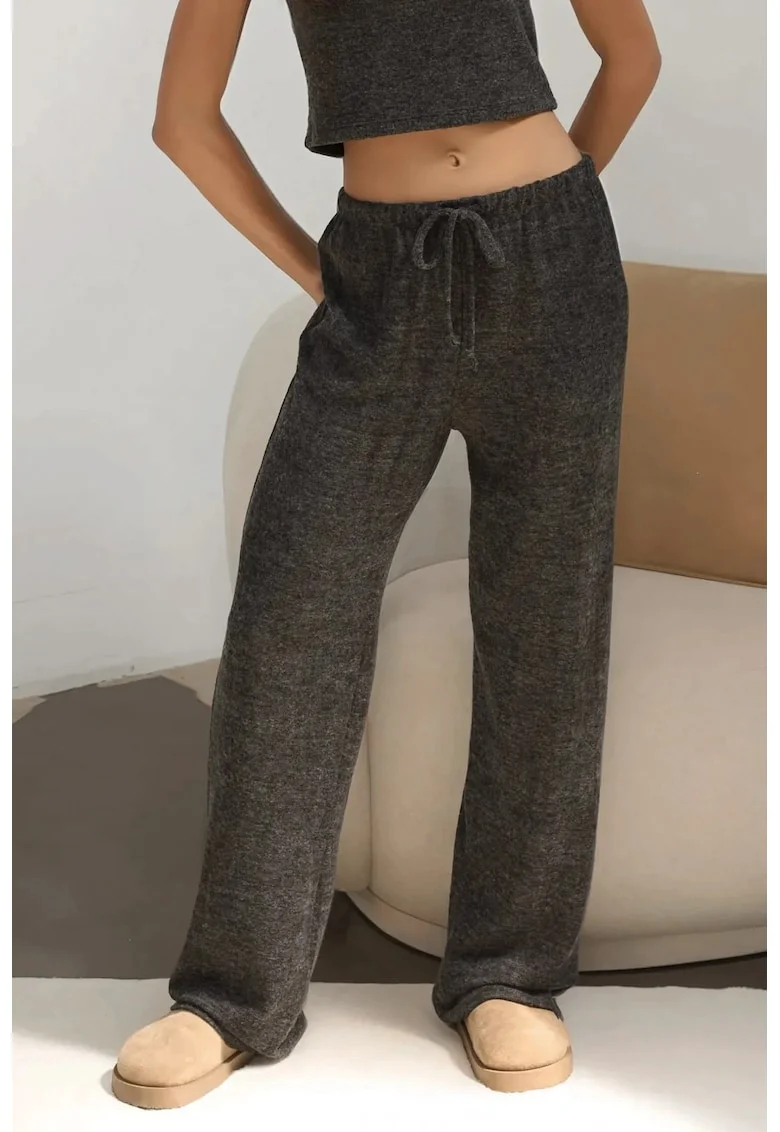 Pantaloni dama,  tricotati, talie inalta, gri inchis, poliester