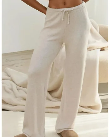 Pantaloni dama,  tricotati, talie inalta, crem, material moale