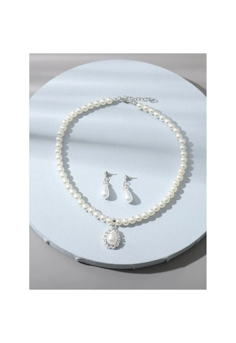 Set colier si cercei, argintiu, cu perle si pietre, Anita C26