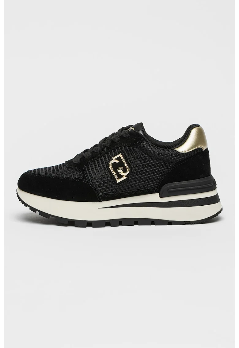Pantofi sport cu garnituri de piele intoarsa si logo metalic, Auriu/Negru