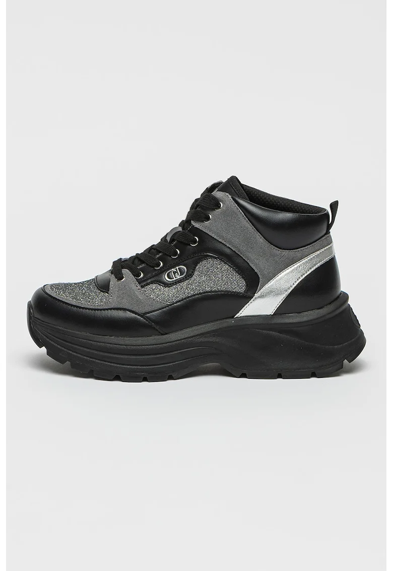 Pantofi sport mid cut cu garnituri stralucitoare, Negru/Argintiu