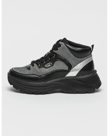 Pantofi sport mid cut cu garnituri stralucitoare, Negru/Argintiu