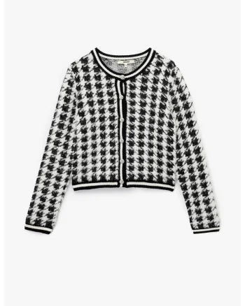 Cardigan pufos cu modle houndstooth, Alb/Negru