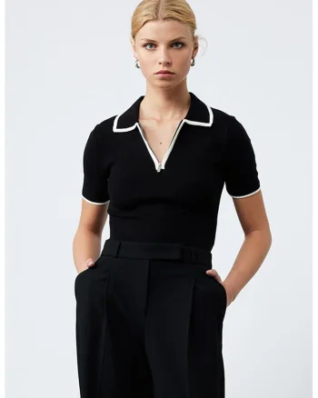 Tricou polo din tricot cu fermoar scurt, Alb/Negru