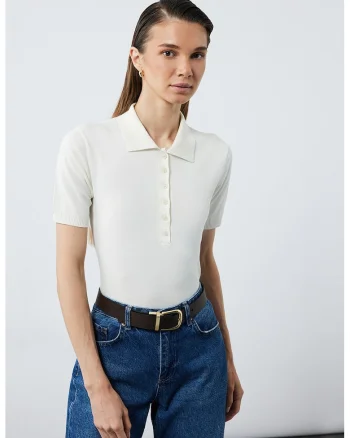Tricou polo slim-fit cu model uni, Alb optic