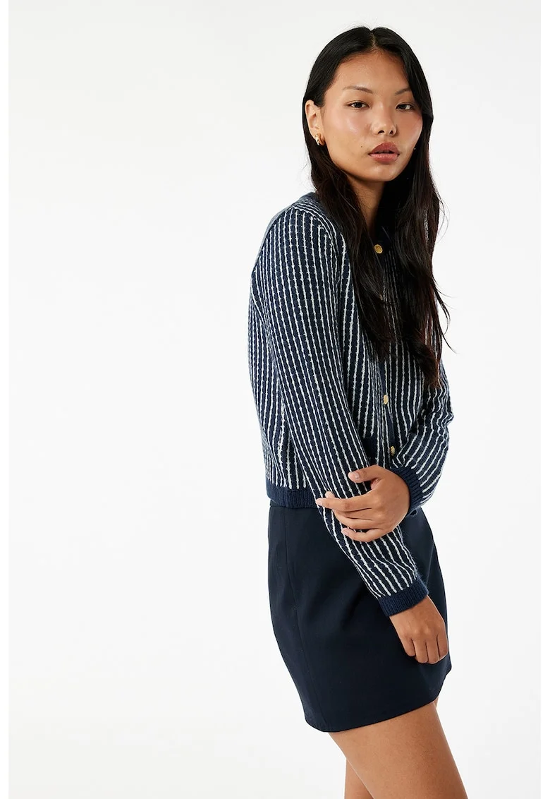 Cardigan tricotat cu nasturi, Alb/Albastru inchis
