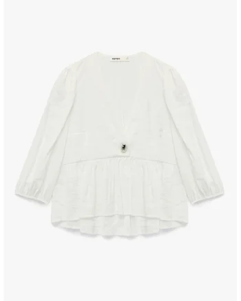 Bluza din amestec de modal cu decolteu in V, Alb fildes